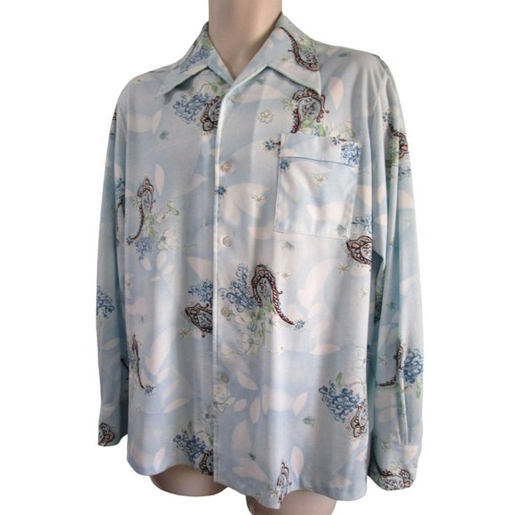 Powder Blue Paisley Print Polyester Lancer California Disco Shirt Mens Lg  EUC - Picture 8 of 16